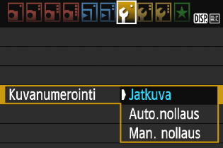 Kätevät ominaisuudet 3 Kuvanumerointitavat Kuvatiedostot numeroidaan välillä 0001 9999 kuvien ottamisjärjestyksessä ja tallennetaan kansioon. Voit muuttaa kuvanumerointitapaa.