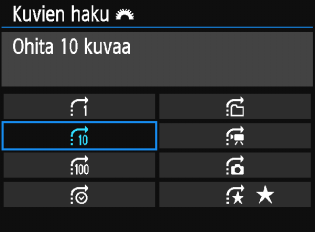 x Kuvien etsiminen nopeasti I Kuvien selaus (selausnäyttö) Yhden kuvan näytössä voi selata kuvia eteen- tai taaksepäin määritetyn selaustavan mukaan kääntämällä <6>-valitsinta.
