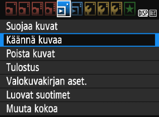 b Kuvan kääntäminen Voit kääntää näytössä olevaa kuvaa eri suuntiin. 1 Valitse [Käännä kuvaa]. Valitse [x1]-välilehdessä [Käännä kuvaa] ja paina sitten <0>-painiketta. 2 3 Valitse kuva.