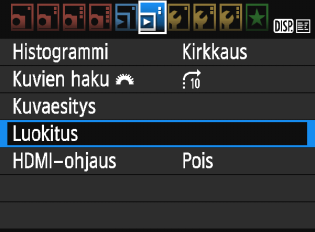 3 Luokitusten määrittäminen Voit luokitella kuvia (stillkuvia ja videoita) viidellä luokitusmerkinnällä: l/m/n/o/p. Toimintoa kutsutaan luokitteluksi. 1 Valitse [Luokitus].
