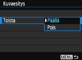 3 Kuvaesitys (automaattinen toisto) Asetus jkaikki kuvat ipäiväys nkansio kvideot zstillkuvat 9Luokitus 3 Toiston kuvaus Kaikki kortin kuvat ja videot toistetaan.