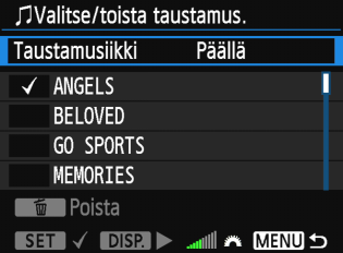 3 Kuvaesitys (automaattinen toisto) Taustamusiikin valitseminen 1 2 3 Valitse [Taustamusiikki]. Määritä [Taustamusiikki]- asetukseksi [Päällä] ja paina sitten <0>-painiketta.