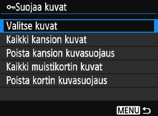 K Kuvien suojaaminen Suojaamalla kuvan voit estää sen poistamisen vahingossa. 3 Yhden kuvan suojaaminen 1 2 Valitse [Suojaa kuvat].