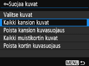 K Kuvien suojaaminen 3 Kaikkien kansiossa tai kortissa olevien kuvien suojaaminen Voit suojata kerralla kaikki kuvat kansiosta tai kortista.