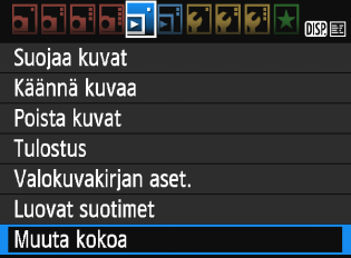 S JPEG-kuvan koon muuttaminen Voit muuttaa kuvan kokoa vähentääksesi pikselimäärää ja tallentaa sen uutena kuvana. Vain JPEG 3/4/a/b -kuvien kokoa voi muuttaa.