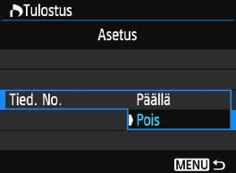 W Digital Print Order Format (DPOF) Määritä tulostustapa ja päiväyksen ja kuvanumeron tulostus.