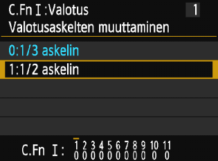 3 Valinnaisten toimintojen määrittäminenn Valinnaisen toiminnon numero 1 2 Valitse [Valinnaiset toiminnot (C.Fn)]. Valitse [53]-välilehdessä [Valinnaiset toiminnot (C.