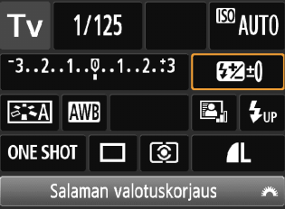 Q Kuvaustoimintojen pikavalinta Esimerkki pikavalintanäytöstä Aukko (s. 106) Valotusaika (s. 104) Kuvaustila* (s. 26) Valotuksen korjaus / haarukointiasetus (s. 112, 114) Kuva-asetukset (s.