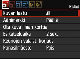 LCD-näytön näkymän vaihtaminen LCD-näyttö voi näyttää kuvausasetusten näytön, valikkonäytön, otetut kuvat jne. Kuvausasetukset Kun kytket kameran virran, kuvausasetusten näyttö tulee näkyviin.