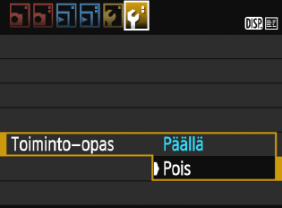 Se näyttää myös kuvauksen, kun valitset toiminnon tai asetuksen pikavalintanäytössä. Toiminto-opas poistuu näytöstä, kun jatkat valitsemasi toiminnon käyttämistä.