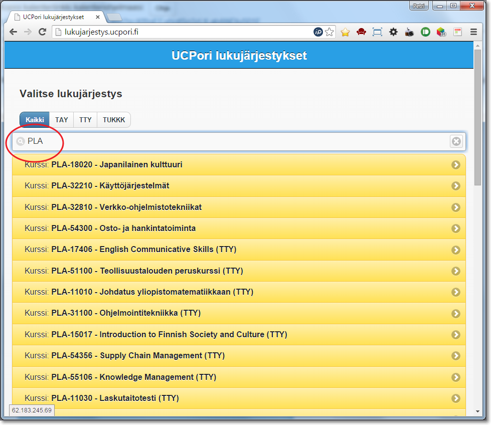 Ohje UCPorin julkisten lukujärjestyksien käyttöön Lukujärjestyspalvelun osoite: http://lukujarjestys.ucpori.