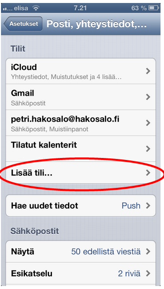 Valitse asetukset. 6. Lisää tili.