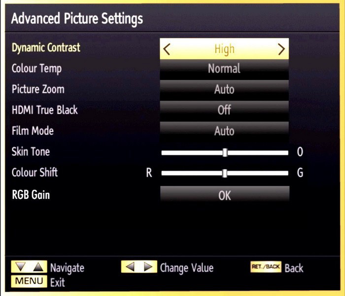 Operating Picture Settings Menu Items Press or button to highlight a menu item. Use or button to set an item. Press MENU button to exit.