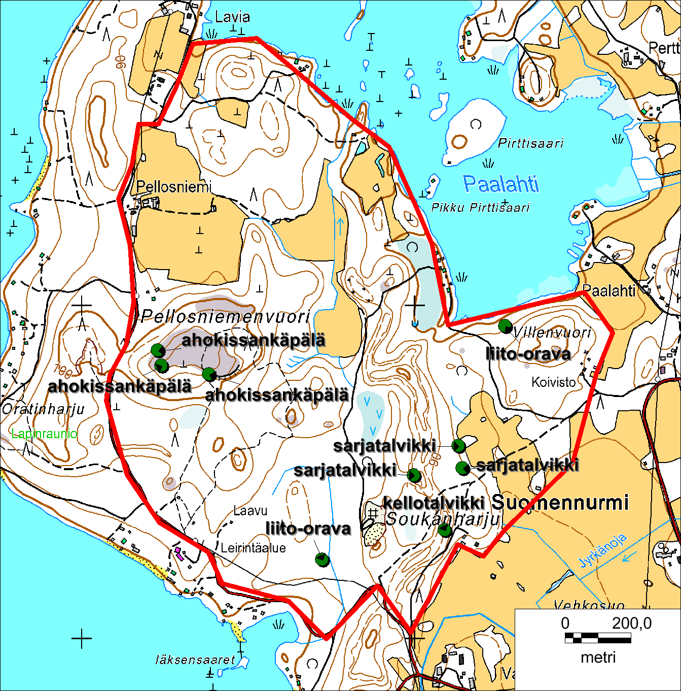 valtaisilla metsäkuvioilla. Pohjanlepakkoa voidaan tavata muillakin metsäalueilla sekä vesisiippaa alueen rannoilla ja niiden tuntumassa. Selvitysalueelta ei löydetty uhanalaisia kasvilajeja.