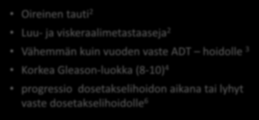 Optimaalinen hoitojen järjestys riippuu potilaasta Asymptomaattinen tai lieväoireinen potilas 1 Vain luumetastaaseja 1 ADT ei tehoa Oireinen tauti 2 Luu- ja viskeraalimetastaaseja 2 Vähemmän kuin