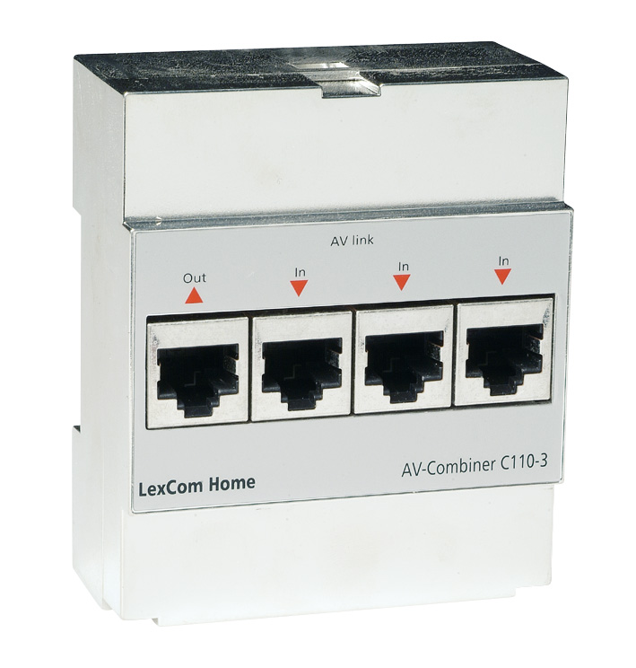 AV jakaja C110-3 Sähkönumero 72 004 58 AV-jakaja C110-3 AV jakaja C110-3 on LexCom Home -järjestelmässä laite, johon voi tuodauseampia asunnon sisäisiä RFtasoisia AV-signaaleja esim.