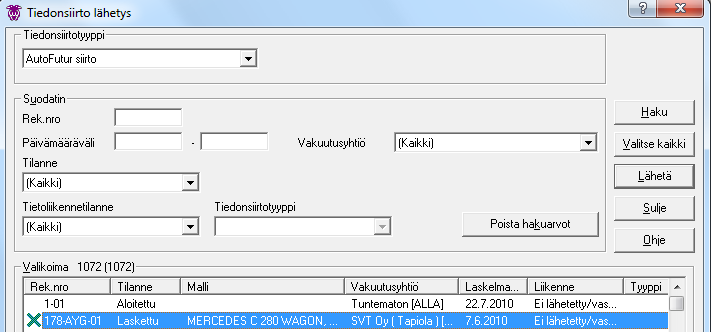 Laskelmalistasta napsautetaan laskelmaa joka halutaan siirtää. Sen eteen tulee valintaruksi. Tämän jälkeen siirto käynnistyy Lähetä painikkeella.