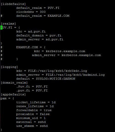 35 Kuva 21 Kerberos Kuvassa 21 on Linux-koneen krb5.conf -tiedosto. Tiedostossa on myönnetty tiketti jolla Kerberos voi hakea yhteyspyyntöä Key Distribution Centre:stä (KDC).