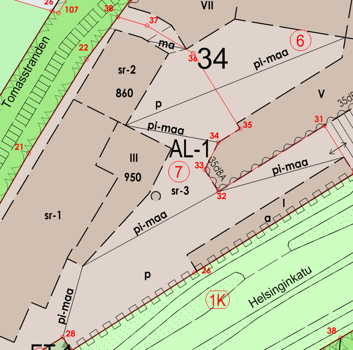 Kuva 2. Esimerkki pilaantuneiden maiden merkinnästä asemakaavassa (Turun kaupunki, WepMap) 2.