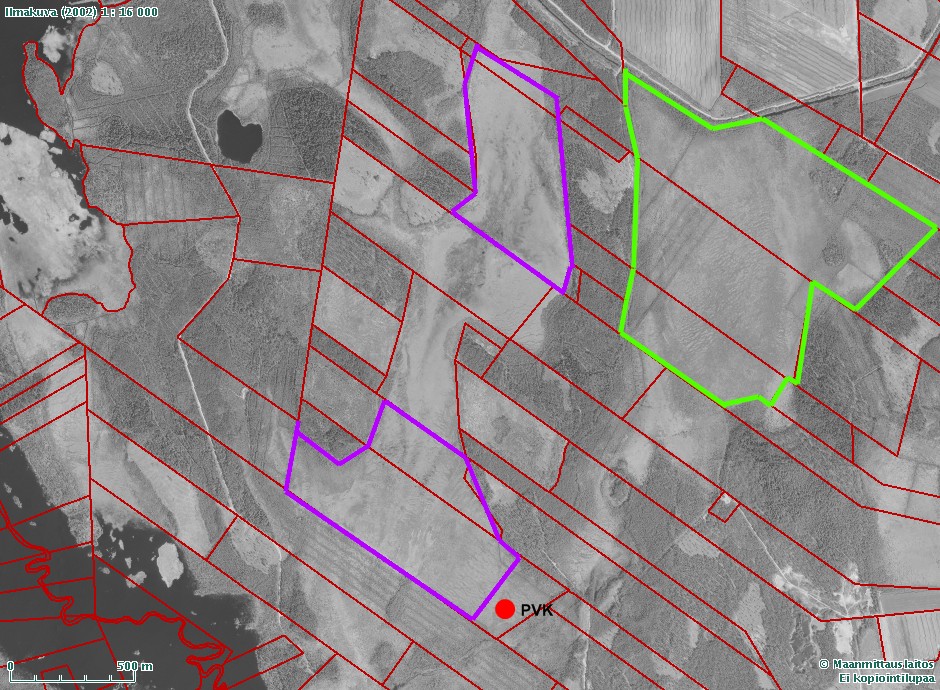 pohjoisosassa. Vapon omistama Sarvinevan alue merkitty vihreällä. Kartta 2.
