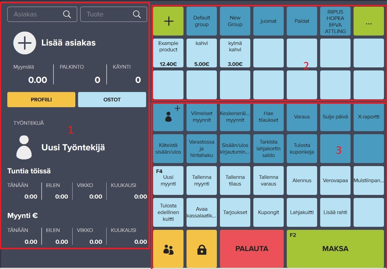 Elisa Kassa - Kassa käyttöliittymä Elisa Kassa sovelluksen päänäkymä voidaan jakaa kolmeen osaan. 1. Osuus käsittää asiakasta, tuotetta ja työntekijää koskevan tiedon. a. Asiakaskentästä voidaan etsiä asiakasta nimellä tai nimen osalla b.