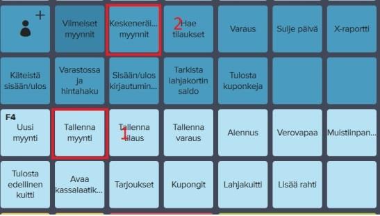 b. Keskeneräiset myynnit aukaisee myyntitapahtuman, joka on ensiksi talletettu kohdassa Tallenna myynti 4. varaus tekee tuotteelle varauksen, joka näkyy inventaariossa.