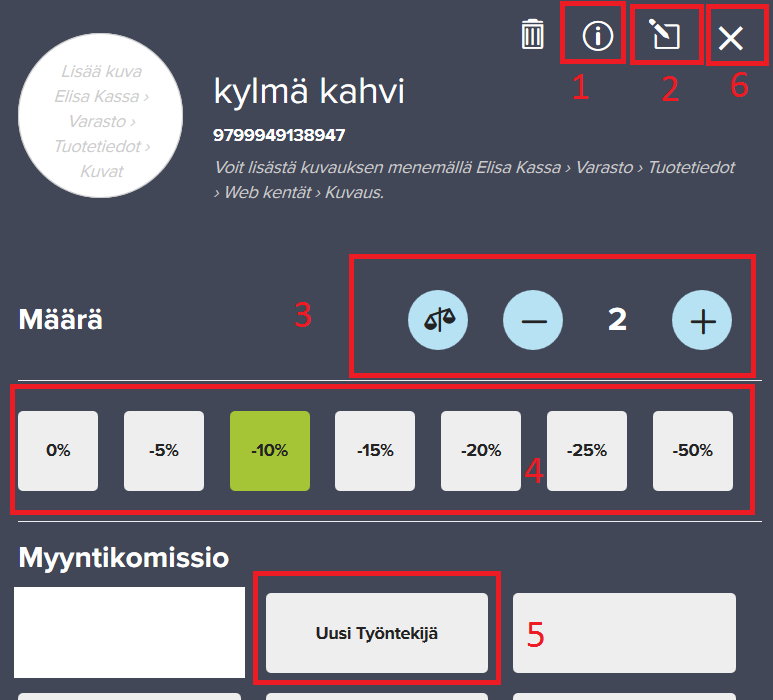 Yleistä Meneillään oleva myyntitapahtuma näkyy Kassan vasemmassa reunassa. Klikkaamalla nimi kentän alla olevaa tuotetta/tuotteita, saat auki tuotekohtaiset tiedot. 1.