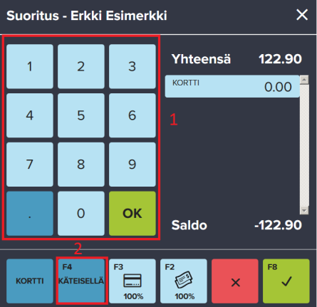 Ostotapahtuma 2 Asiakas haluaa maksaa osan kortilla ja osan käteisellä 1. Valitse kortti ja syötä summa minkä asiakas haluaa veloittaa kyseiseltä maksukortilta.