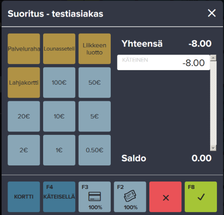 Palautus Tilanteessa, missä asiakas haluaa palauttaa tuotteen, suoritetaan palautus painamalla Palauta nappia.