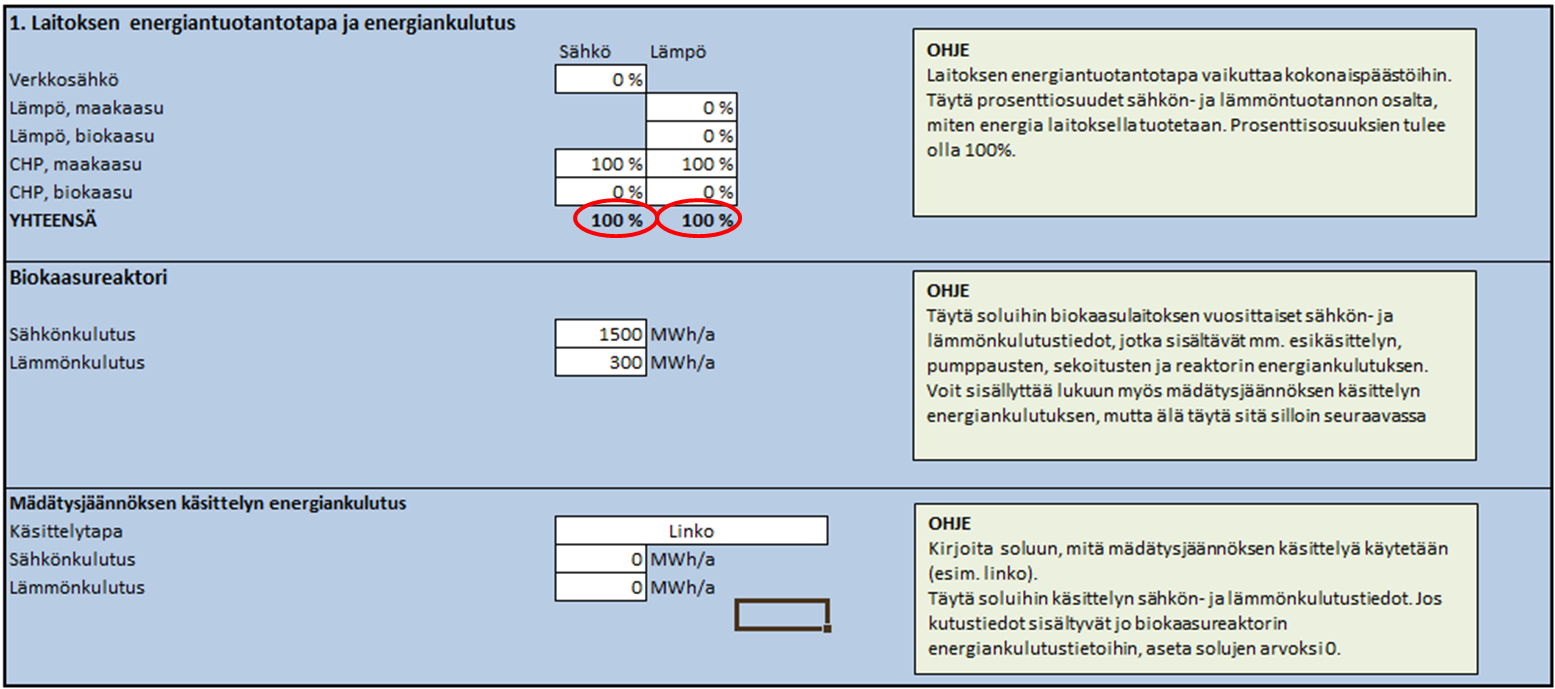 1) Laitoksen energiantuotantopa ja energiakulutus (Kuva 4) Kuva 4. Lähtötiedot-sivun 1. vaihe. 1. vaiheessa täytetään laitoksen energiantuotantotapaan ja energiankulutukseen liittyvät tiedot.