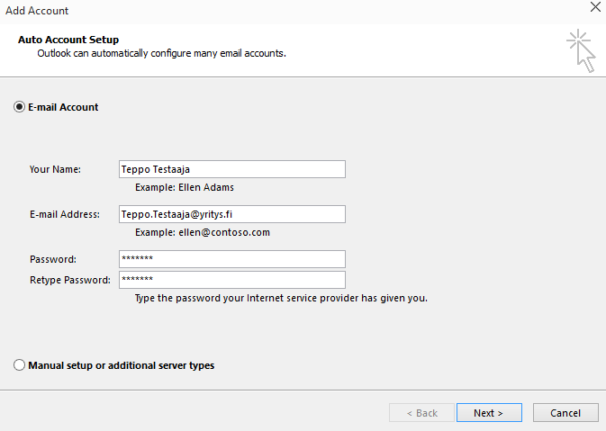 LOPPUKÄYTTÄJÄOHJE 27 (41) 7.2.1 Konfigurointi Käynnistäessäsi Outlook 2013 ensimmäisen kerran, tulee sinun syöttää sähköpostitilisi tiedot.