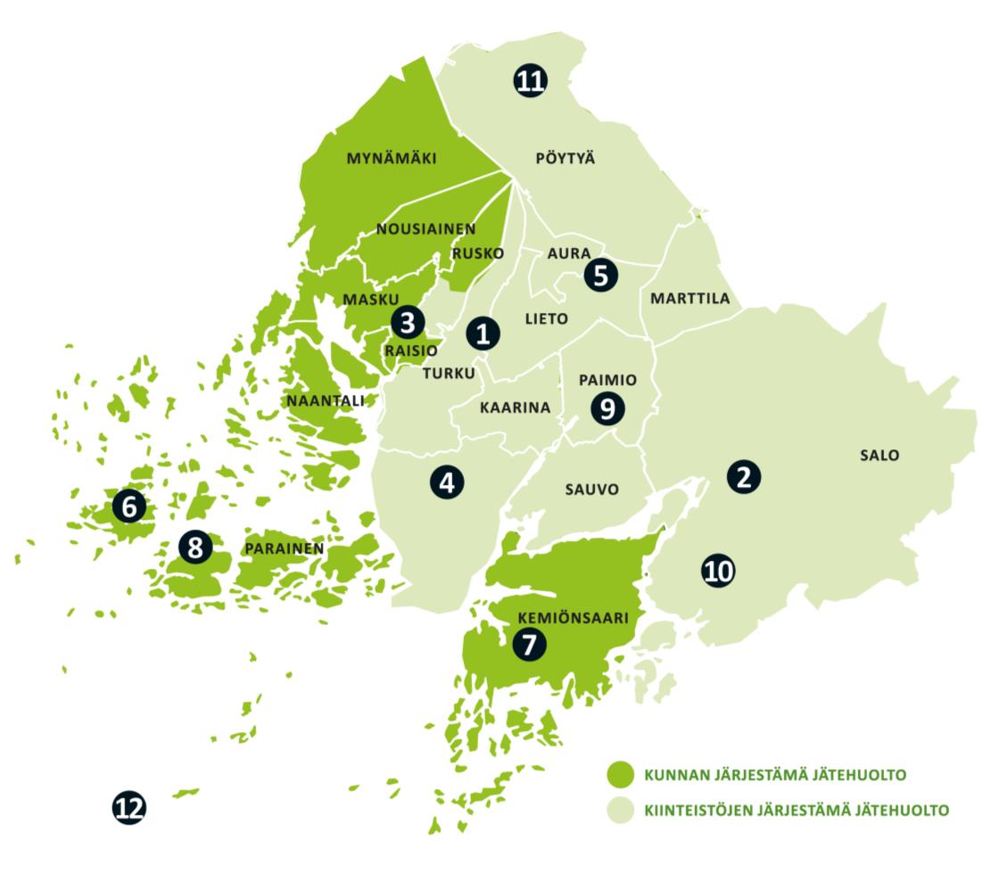 Toiminta-alue ja jätteiden vastaanottopalvelut Jätekeskukset: 1. Topinojan jätekeskus 2. Korvenmäen jätekeskus 3. Isosuon jätekeskus 4. Rauhalan jätekeskus Lajitteluasemat: 5.