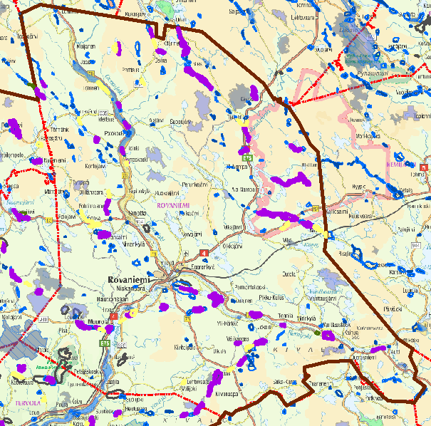Kuva 1. Rovaniemen kaupungissa tutkitut ja arvokkaiksi luokitellut harjualueet violetteina monikulmioina.