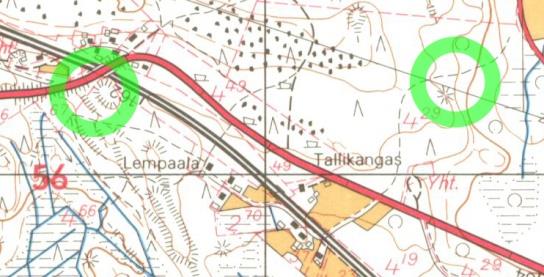 28 Kohteet 10 Siperianmäki (vasen) ja 11 Halkikorvenmäki ympyröity vuoden 1964 peruskartalla.
