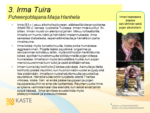 Sivu 14 / 66 Ryhmä 3: Asiakastapauksena Irma Tuira Työryhmän jäsenet olivat seuraavat: Puheenjohtaja Maija Hanhela 1. Minna Kangas (Oulun seudun muistiyhdistys) 2.