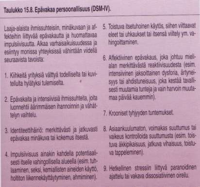 Epävakaa persoonallisuus - ominaista toimia hetken mielijohteesta harkitsematta seurauksia - mielialat vaihtelee eikä usein kykene hallitsemaan tunteenpurkauksiaan - taipuvainen riitaisuuteen ja