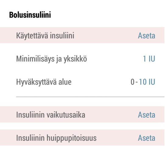 3.2.2.3 Bolusinsuliini Bolusinsuliiniin liittyvät asetukset määritellään otsikon Bolusinsuliini alla. Asetukset on selitetty tarkemmin seuraavassa taulukossa.