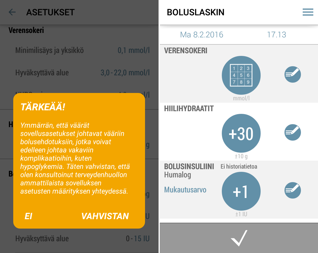 3.3.7 Asetusten muuttaminen Sovelluksen asetukset on oltava terveydenhuollon ammattilaisen määrittelemät. Älä tee tai muokkaa asetuksia konsultoimatta terveydenhuollon ammattilaistasi.