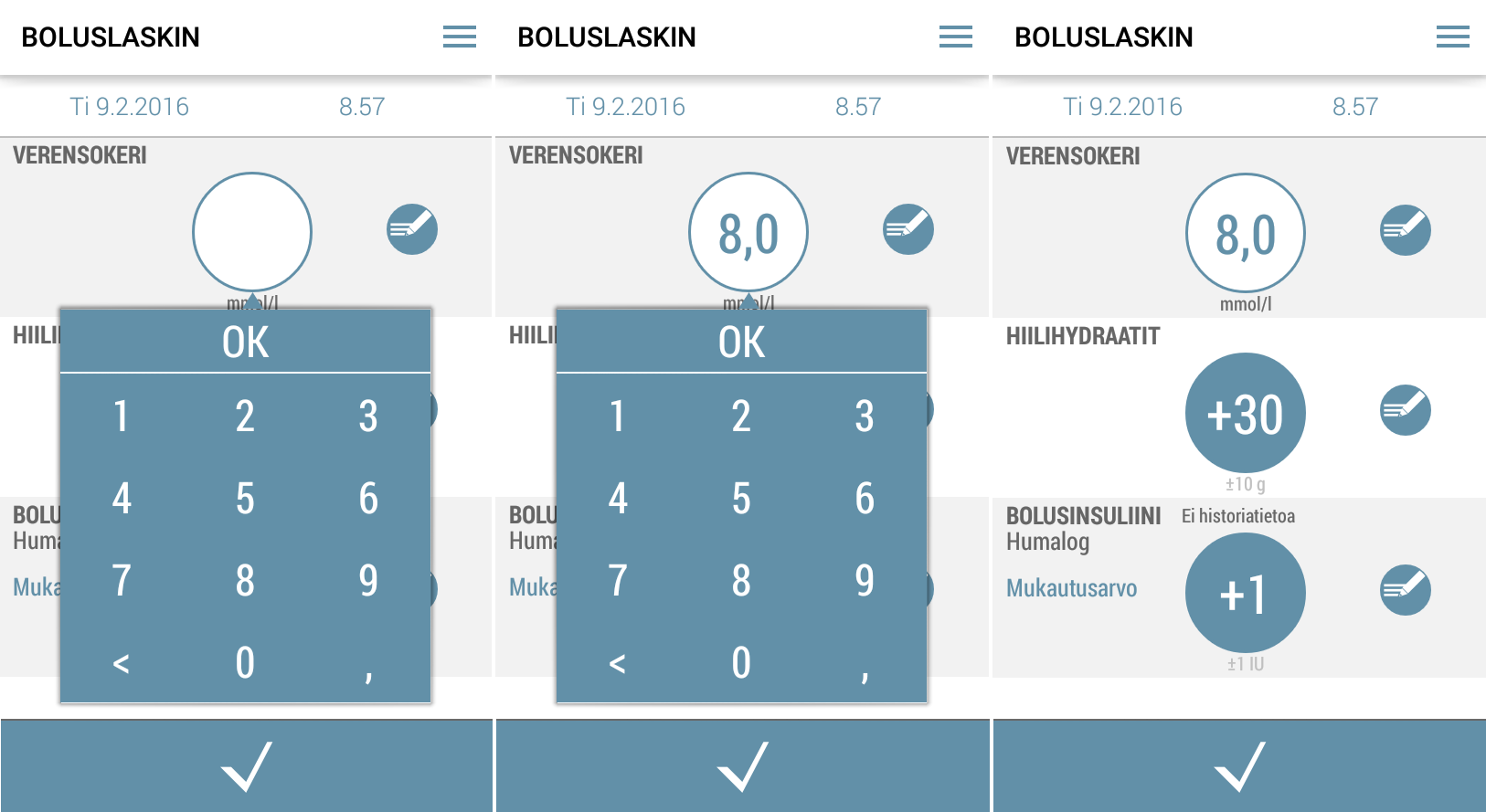 3.4.1.1 Verensokerimittaustuloksen lisääminen 1. Napauta verensokerin syöttöpainiketta otsikon Veresokeri alla. Valitsemasi verensokerin yksikkö näkyy painikkeen alapuolella. 2.