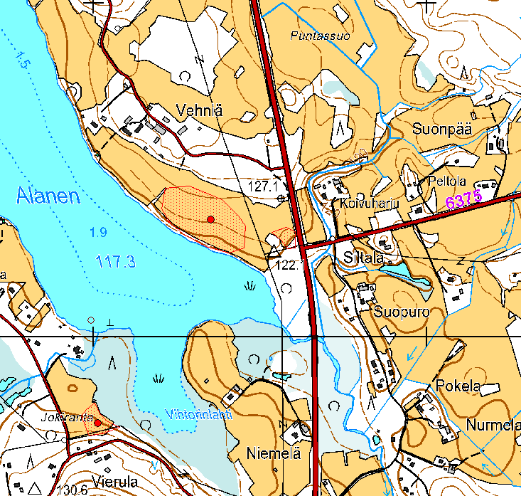 11 Kartta 6. Peruskarttaote, johon on merkitty Vanhan Laukaantien linja vihreällä.