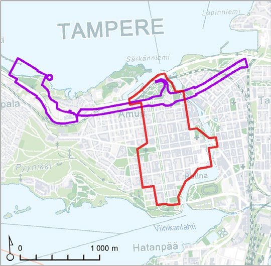 Rajaus ulottuu pohjoisessa Mustalahden kohdalla rantaviivaan saakka.