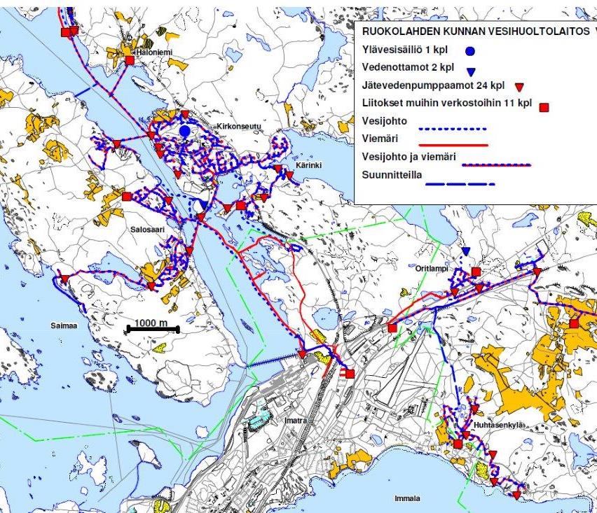 Jätevesien johtaminen: Vesihuoltolaitoksella ei ole omaa puhdistamoa, vaan jätevedet johdetaan pumppaamojen ja runkoviemäreiden kautta Imatran jätevesiverkostoon ja edelleen Meltolan puhdistamon