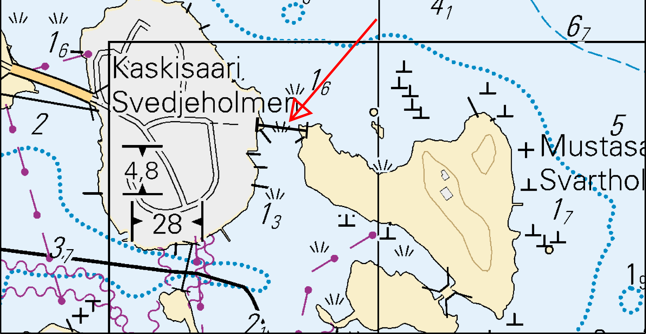 Finland. Helsingfors. Svedjeholmen-Svartholmen. Ny gångbro. Kartmarkering. Finland. Helsinki. Kaskisaari-Mustasaari. New footbridge. Insert in chart.