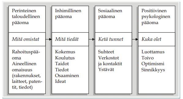 KUVIO 6. Pääoman muodot (Pekkala 2011, 79.) Työelämään sijoittautumista ja tyydyttävän määränpään saavuttamista voidaan kuvata yksilön näkökulmasta yksilökeskeisillä ja kontekstuaalisilla tekijöillä.