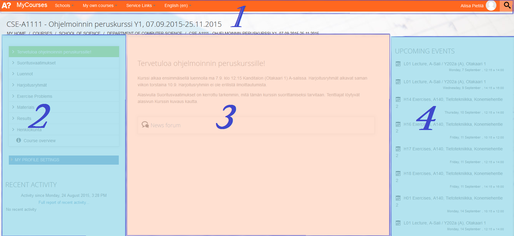 MyCourses-kurssisivun perusrakenne. 1.