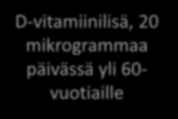 D-vitamiinia purkista Kalsiumin imeytyminen, vastustuskyky Ikääntyneet riskiryhmä puutokselle Muodostuminen iholla