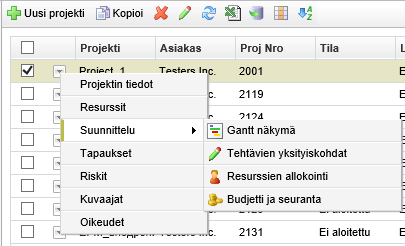 Pikavalikko Pikavalikosta on mahdollista siirtyä suoraan projektin välilehdelle. Pikavalikko Huomaa, että projekteja, joihin on raportoitu aikaa, ei voida poistaa.