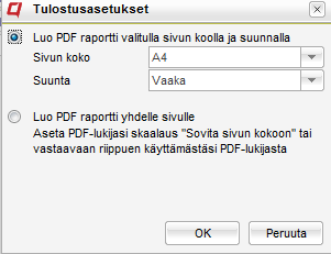 Tulosta Tulostusasetusten avulla voidaan valita mitä halutaan tulostettavaksi ja millaiseen muotoon se halutaan tulostaa. Raportit voidaan esimerkiksi mitoittaa mahtumaan yhdelle sivulle.