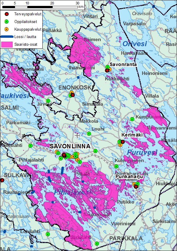 Kuva 1. Savonlinnan saaristo-osat ja palveluverkko Lähteet: Maanmittauslaitos 2014 ja 2015a. Valtioneuvoston asetus 857/2012. Liikennevirasto 2014.