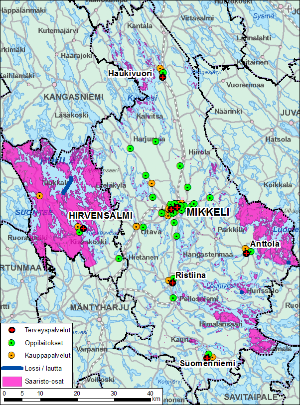 Kuva 2. Mikkelin ja Hirvensalmen saaristo-osat ja palveluverkko Lähteet: Maanmittauslaitos 2014 ja 2015a. Valtioneuvoston asetus 857/2012. Liikennevirasto 2014.